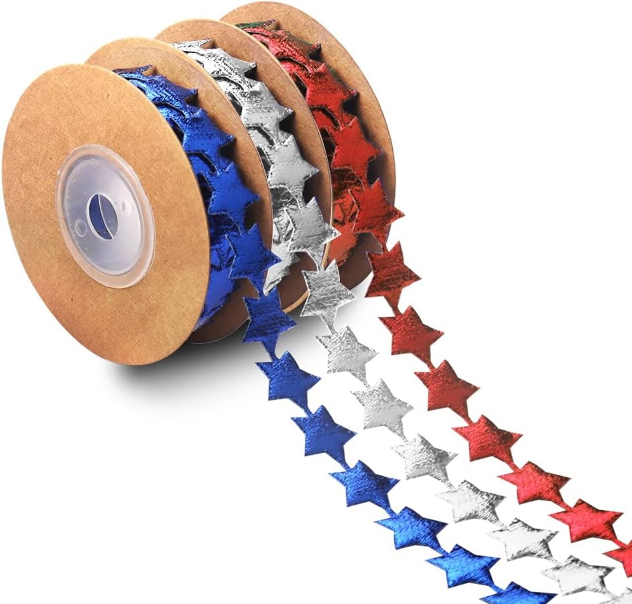 3 Rolls Patriotic Star Ribbon Set – 15 Yards Sparkly Red White & Blue USA 250th Anniversary Fabric Ribbon for 4th of July, Memorial Day, Veterans Day & Party Decorations, Gift Wrapping & DIY Crafts